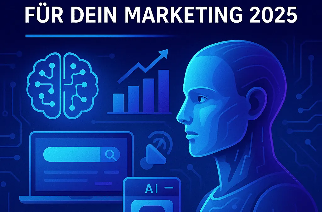 Illustration zu den Top 5 KI-Tools für Online-Marketing 2025 mit künstlicher Intelligenz, Diagrammen und digitalen Symbolen