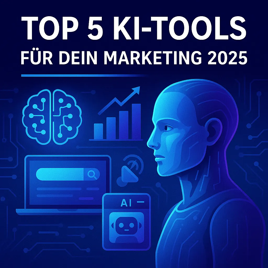 Illustration zu den Top 5 KI-Tools für Online-Marketing 2025 mit künstlicher Intelligenz, Diagrammen und digitalen Symbolen
